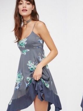 Free People Faded Bloom Mini Slip Dress Size XS Grey/Blue Festival Ready